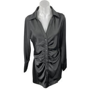 H&M Black Silk Satin Ruched Long Sleeve Button Down Collar Mini Shirt Dress Sz M